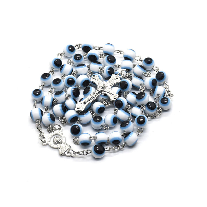 Collana rosario con ciondolo a croce con occhio maligno nero e bianco Olivenorma