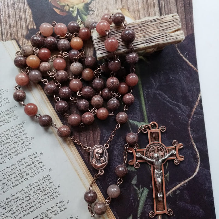 Collana rosario con ciondolo a croce in rame e avventurina viola Olivenorma