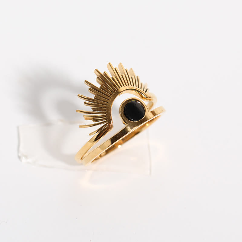 Anello in acciaio inossidabile placcato oro 18k con girasole in onice nero Olivenorma