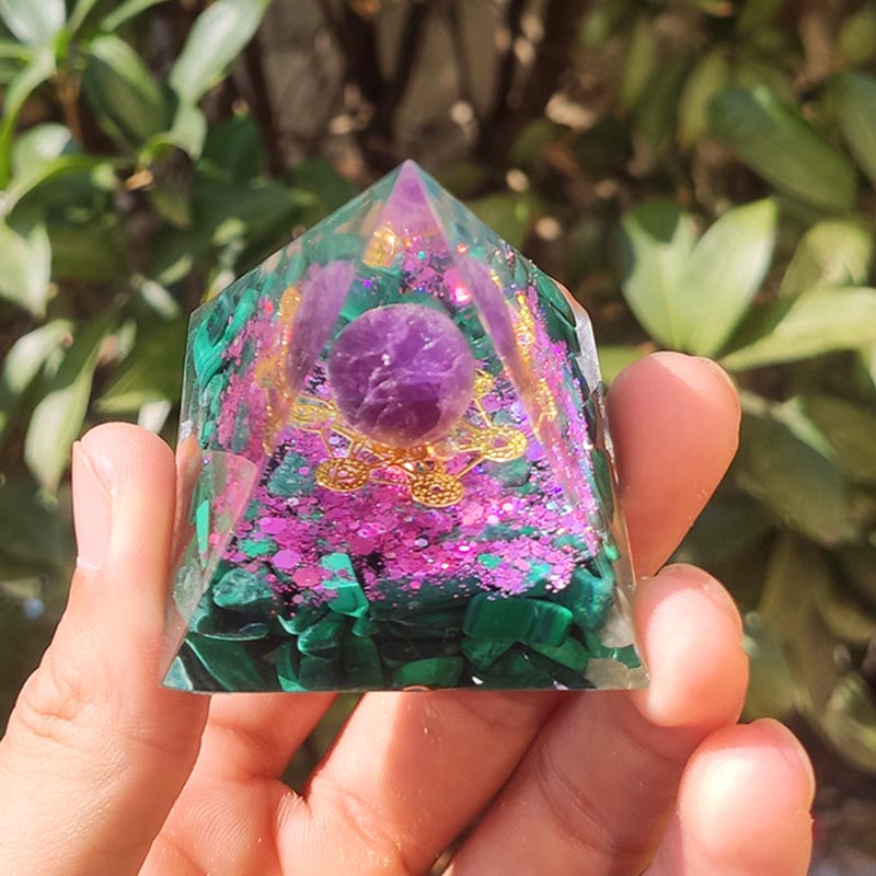 Olivenorma Ametista Malachite Cubo di Metatron Simbolo Piramide Orgonica