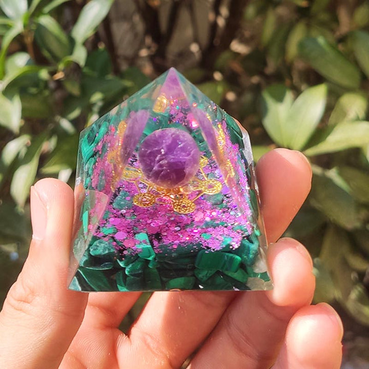 Olivenorma Ametista Malachite Cubo di Metatron Simbolo Piramide Orgonica