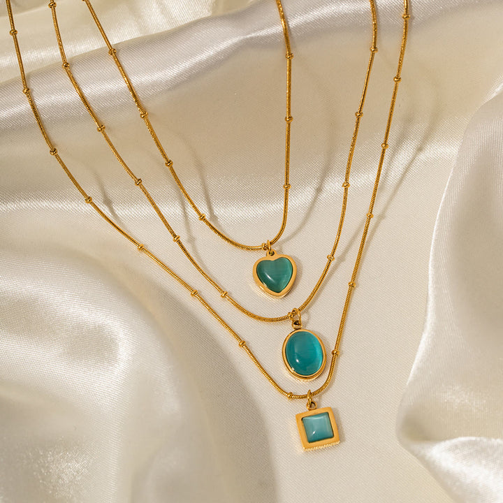 Collana con ciondolo a forma di cuore quadrato in pietra occhio di gatto blu Olivenorma