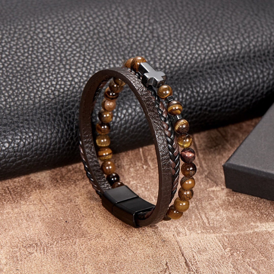 Bracciale da uomo in pelle intrecciata con perline di pietra naturale Olivenorma - Occhio di tigre - image 1