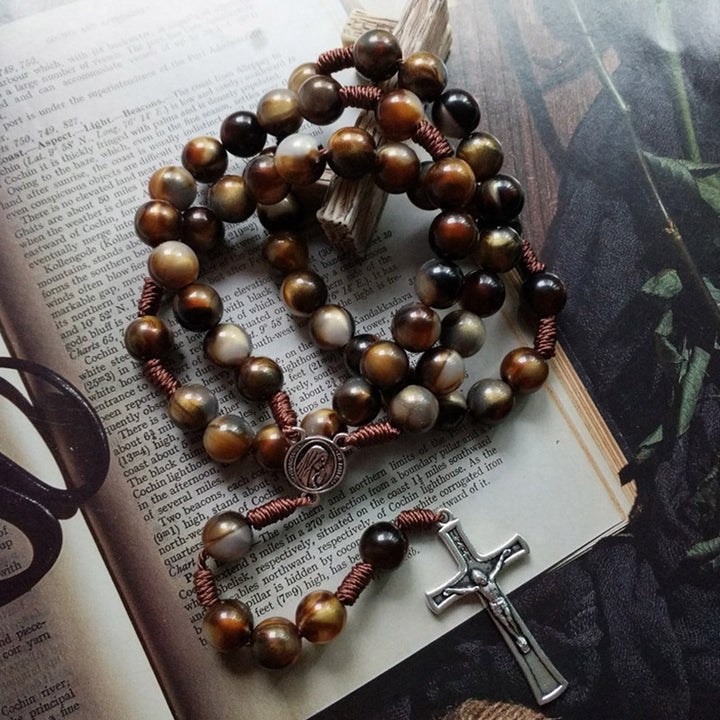 Olivenorma 10mm Agata Perline Gesù Croce Pendente Collana Rosario 