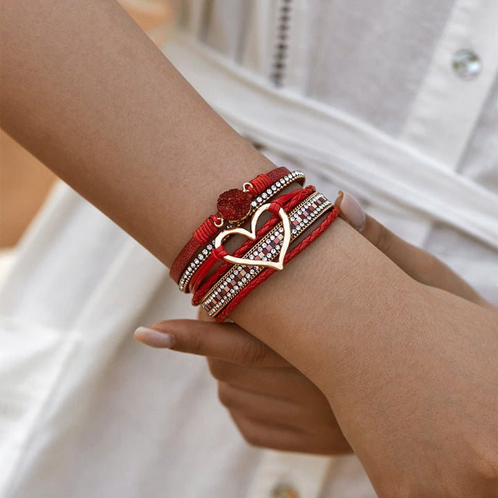 Olivenorma Bracciale in pelle intrecciata con cuore metallico e cristalli multicolori 