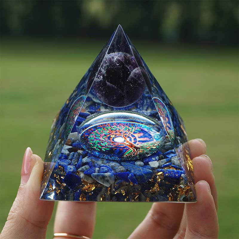 Piramide di orgone Reki Olivenorma Ametista con lapislazzuli