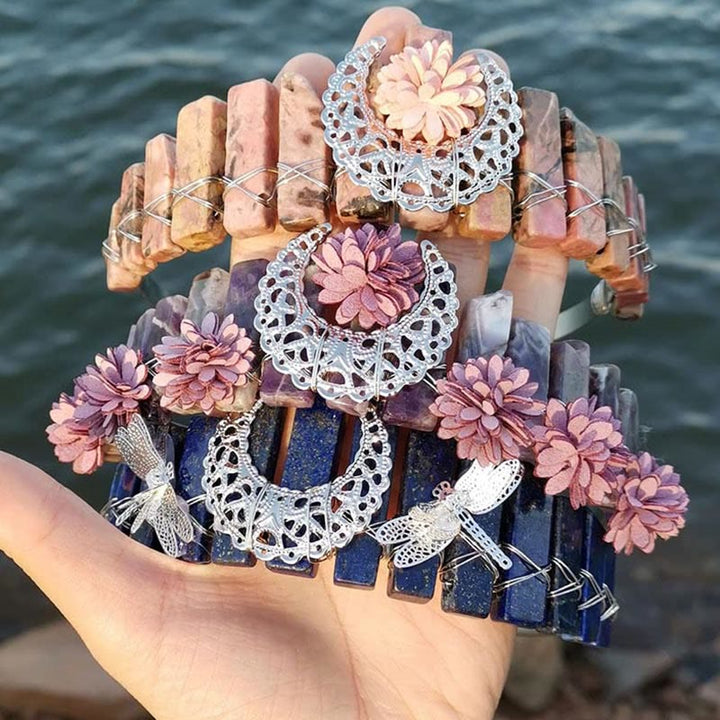 Olivenorma - Corona da sposa con accessorio a forma di luna e libellula in cristallo naturale 