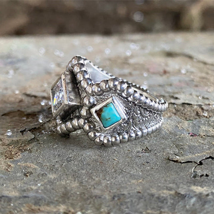 Anello Olivenorma Vintage Turchese Intarsiato con Zirconi 
