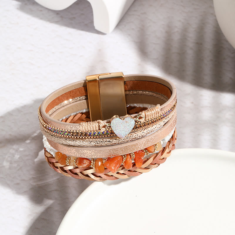 Bracciale in pelle con ciondolo a forma di cuore con perline di cristallo naturale Olivenorma