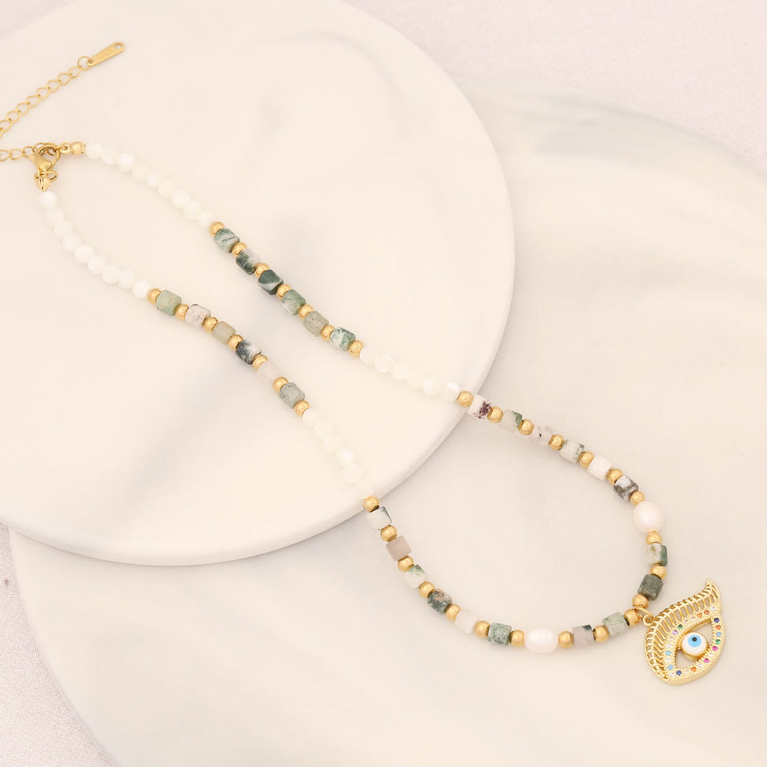 Collana con ciondolo in pietra di cristallo di perle naturali Olivenorma con occhio malvagio