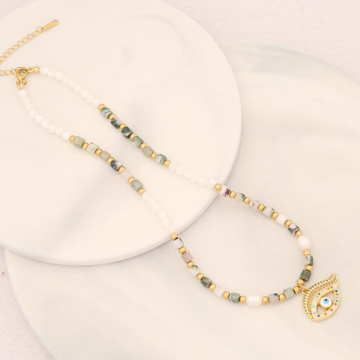Collana con ciondolo in pietra di cristallo di perle naturali Olivenorma con occhio malvagio