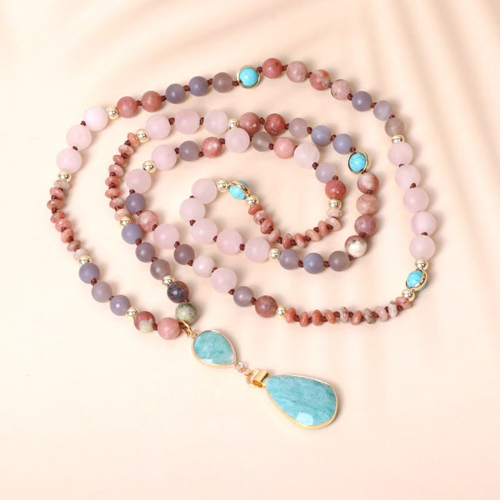 Collana con ciondolo a forma di freccia di preghiera Mala in quarzo rosa naturale 