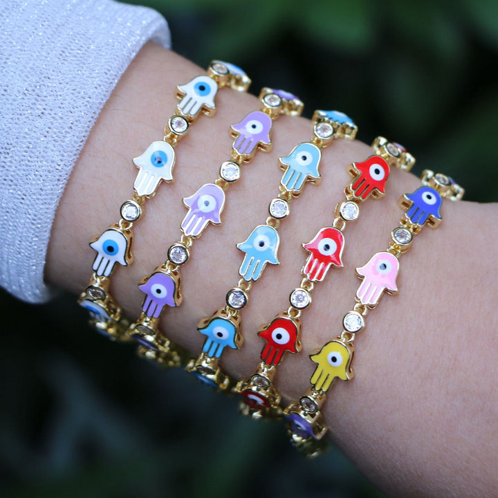 Olivenorma Bracciale Hamsa con Zircone Smaltato Colorato e Occhio Malvagio 