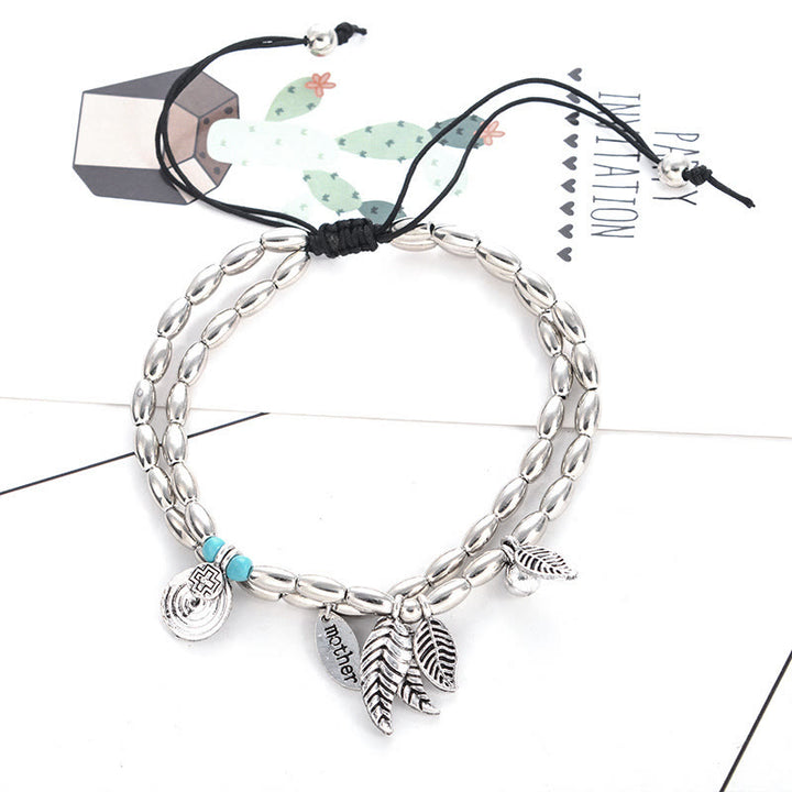 Olivenorma Bracciale Cavigliera Doppio Strato in Foglia d'Argento Turchese 
