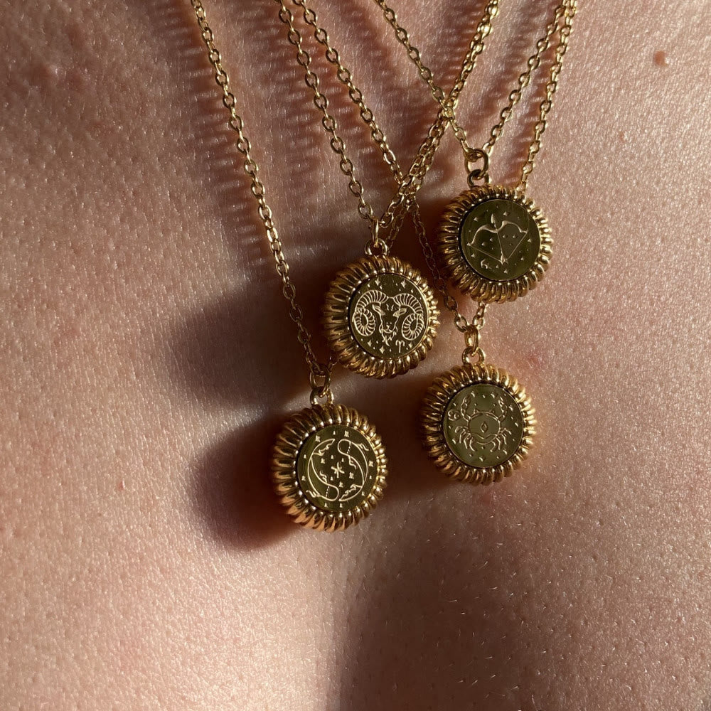 Olivenorma Zodiaco Rotondo Ciondolo Collana in Acciaio al Titanio Oro 18k