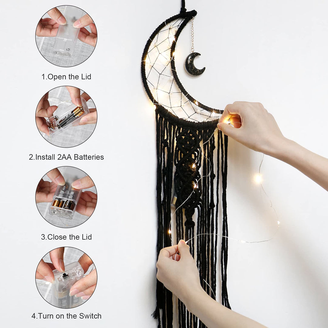 Olivenorma Acchiappasogni con nappa in macramè a forma di luna in onice nero 