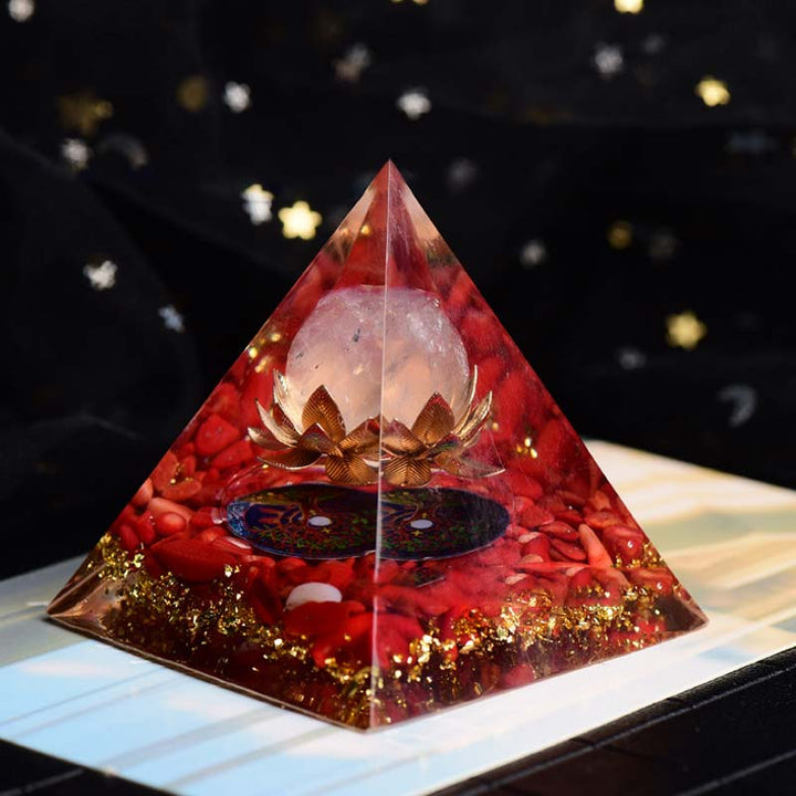 Olivenorma Corallo rosso Quarzo rosa Simbolo del loto Piramide di orgone