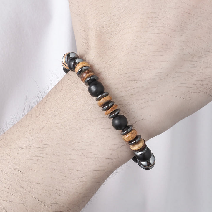 Bracciale Olivenorma in onice nero, ematite, bronzite, 8 mm, perline