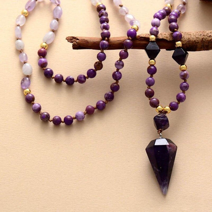 Collana Mala con perline di giada viola e ametista naturale Olivenorma