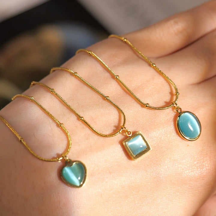 Collana con ciondolo a forma di cuore quadrato in pietra occhio di gatto blu Olivenorma
