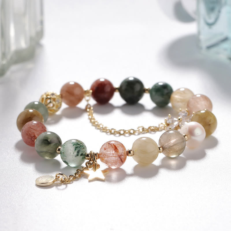 Bracciale Olivenorma con perline di luna, stella e quarzo rutilato in oro e tormalina 