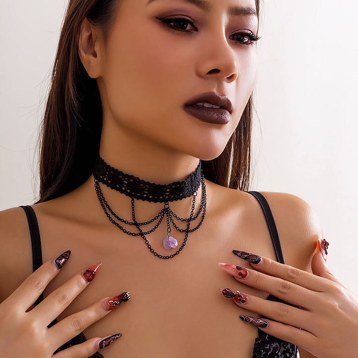 Collana girocollo in pizzo gotico di Halloween con ametista Olivenorma 