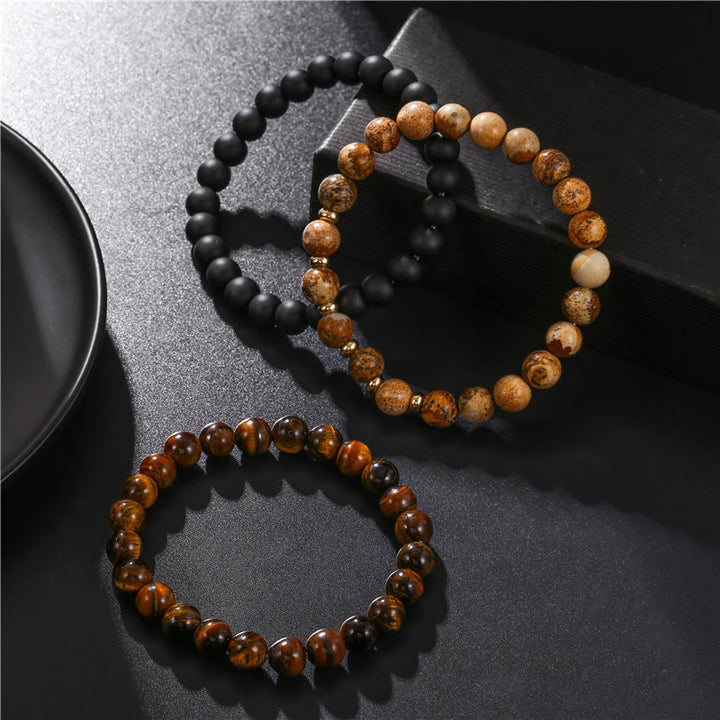 Olivenorma 3 pezzi Picture Jasper Tiger Eye Braccialetti di perline di onice nero