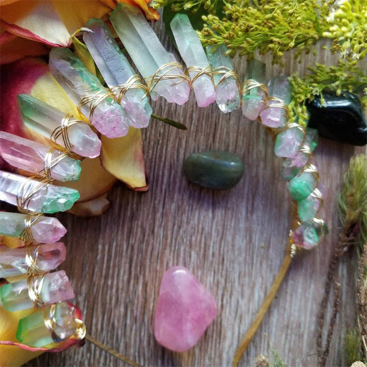 Olivenorma Cerchietto per capelli con corona arcobaleno in cristallo naturale, copricapo da sposa