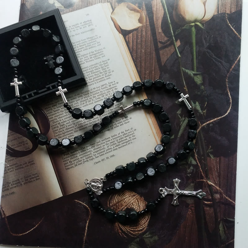 Collana rosario in legno quadrato nero Olivenorma con croce 