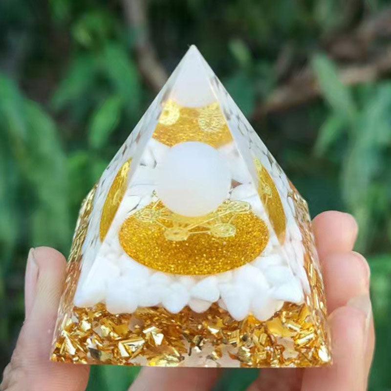 Olivenorma Agata bianca Quarzo ialino Cubo di Metatron Simbolo Piramide di Orgone