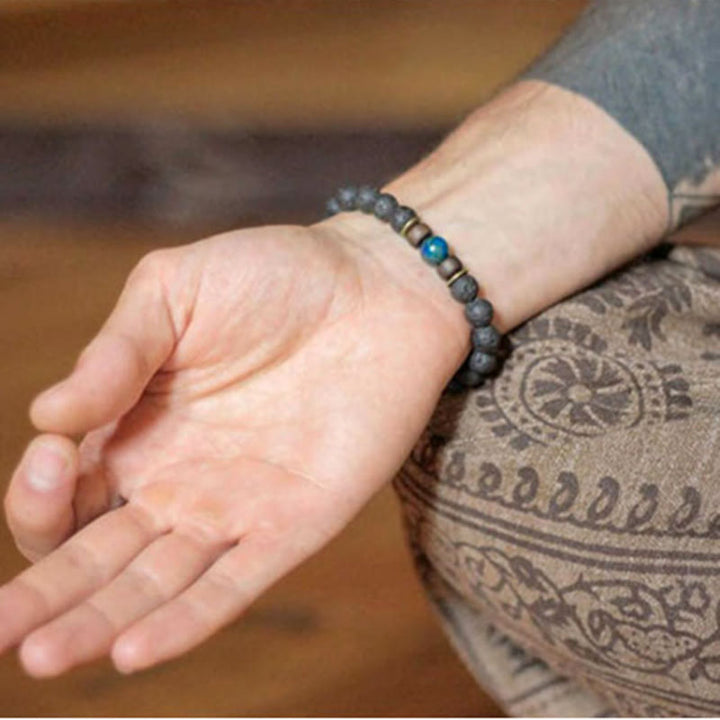 Olivenorma Bracciale da uomo in pietra naturale con perline di legno da 8 mm