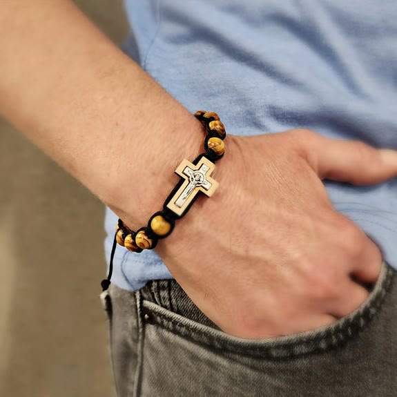 Bracciale avvolgente in legno con croce di Gesù Olivenorma