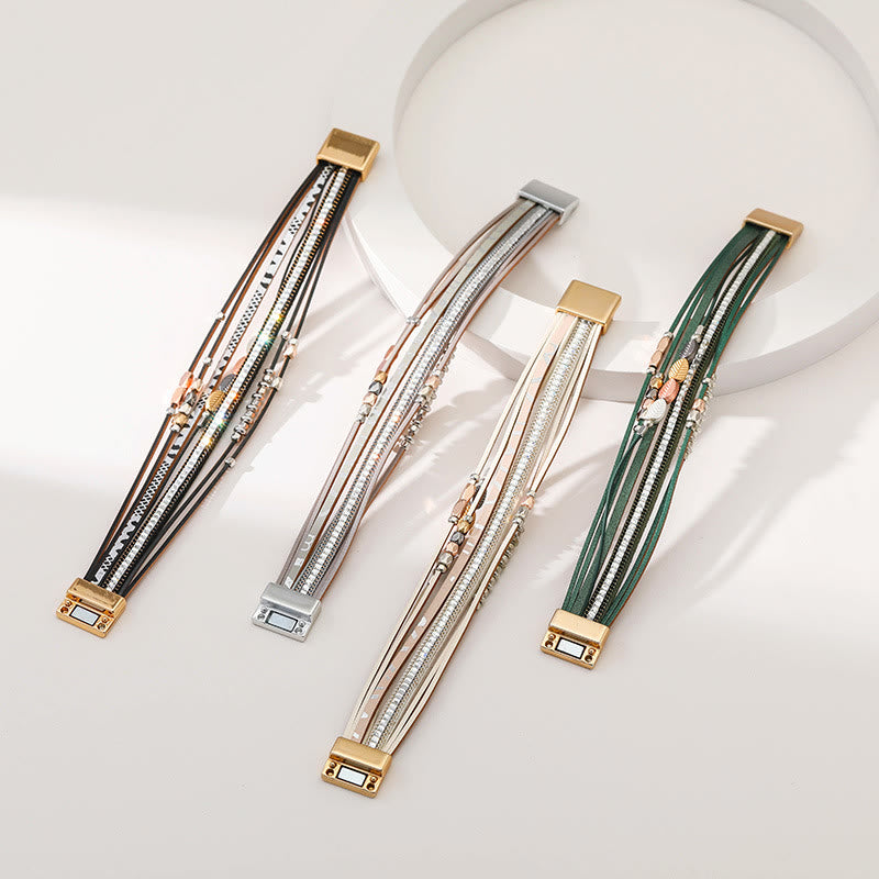 Bracciale in pelle a più livelli con foglia di zircone bianco ematite Olivenorma 