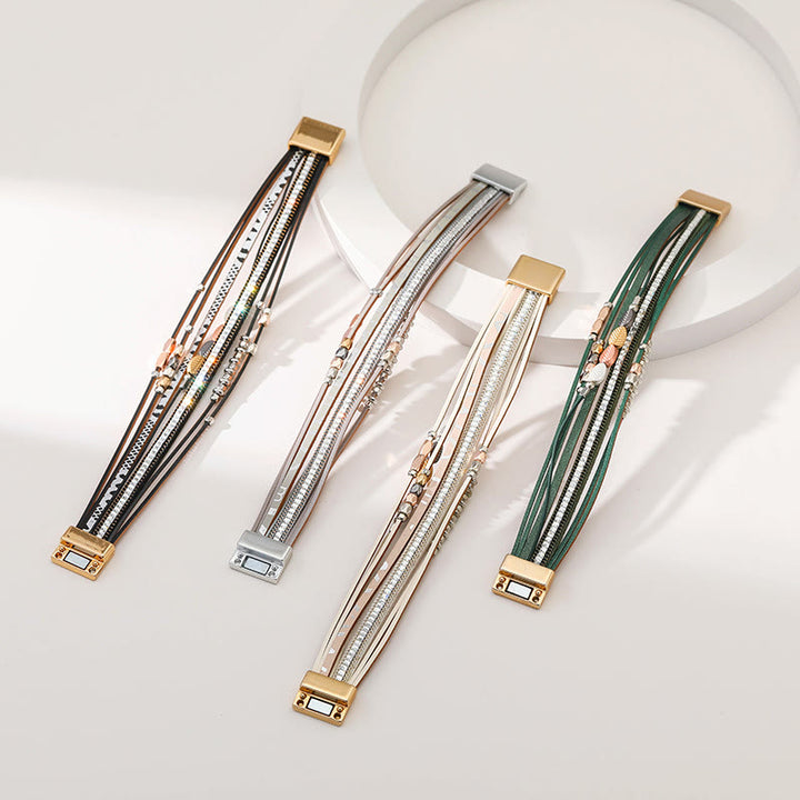 Bracciale in pelle a più livelli con foglia di zircone bianco ematite Olivenorma 