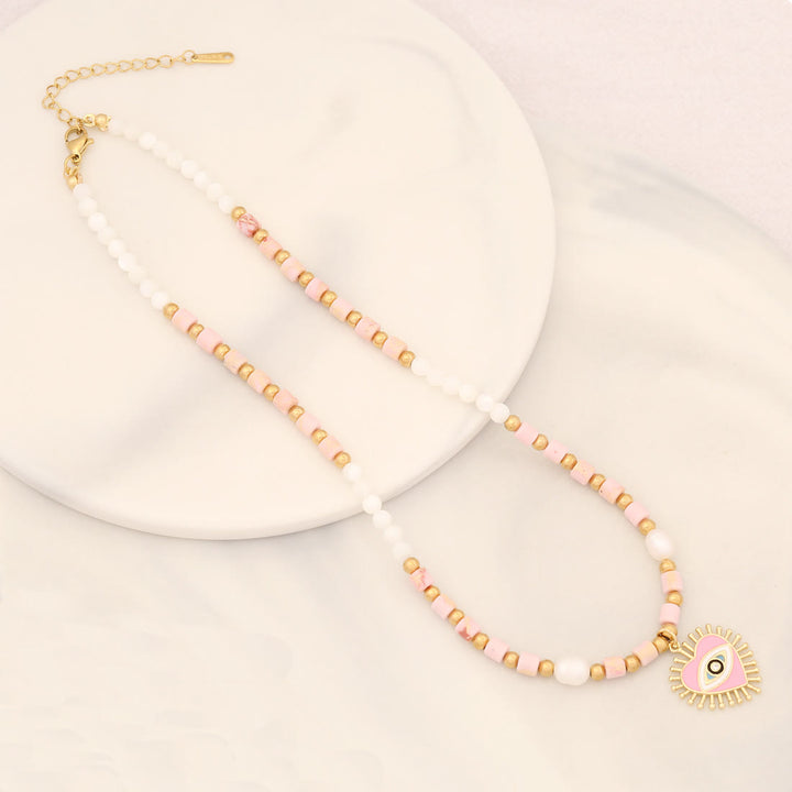 Collana con ciondolo in pietra di cristallo di perle naturali Olivenorma con occhio malvagio