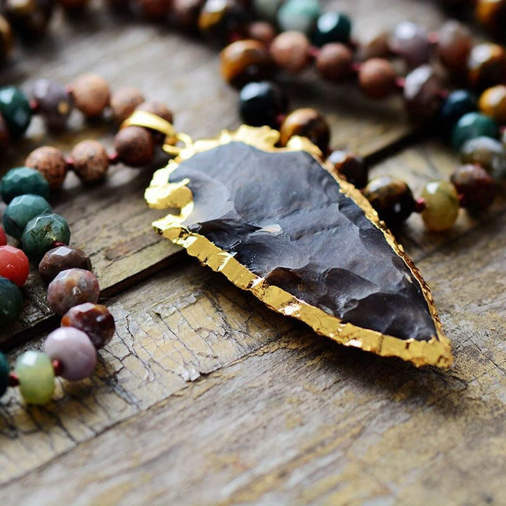 Collana Mala con ciondolo a punta di freccia in pietra di ossidiana con occhio di tigre Olivenorma 
