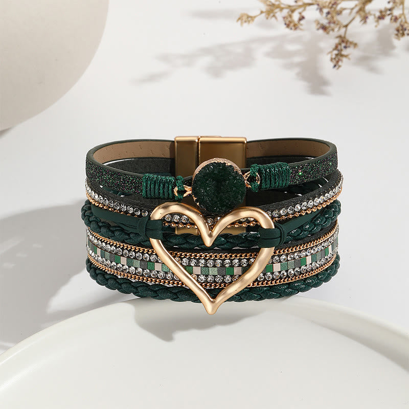 Olivenorma Bracciale in pelle intrecciata con cuore metallico e cristalli multicolori 
