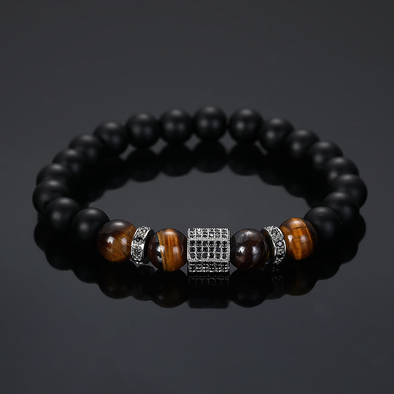Olivenorma Bracciale da uomo in perline nere smerigliate con occhio di tigre
