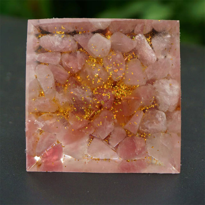 Olivenorma Albero della Vita Quarzo Fragola con Piramide Orgonica in Quarzo Rosa 