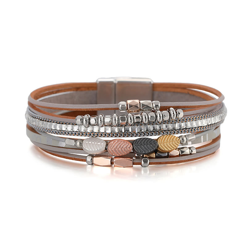 Bracciale in pelle a più livelli con foglia di zircone bianco ematite Olivenorma 