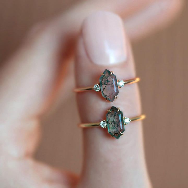 Anello regolabile Olivenorma S925 con agata muschiata esagonale e zircone bianco 