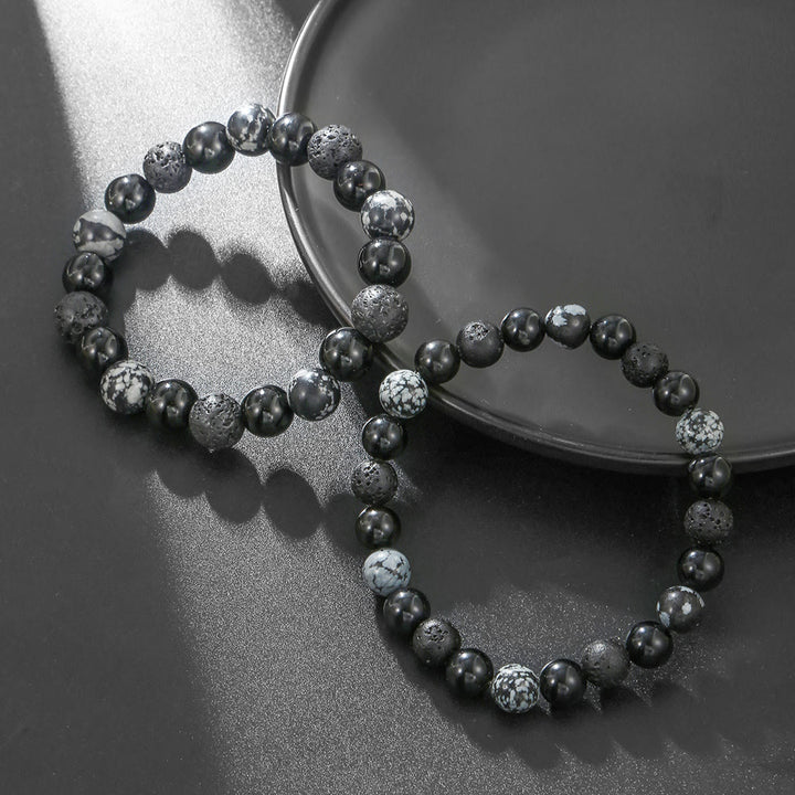 Bracciale da uomo con perline in pietra lavica, ossidiana e fiocco di neve di onice nero Olivenorma