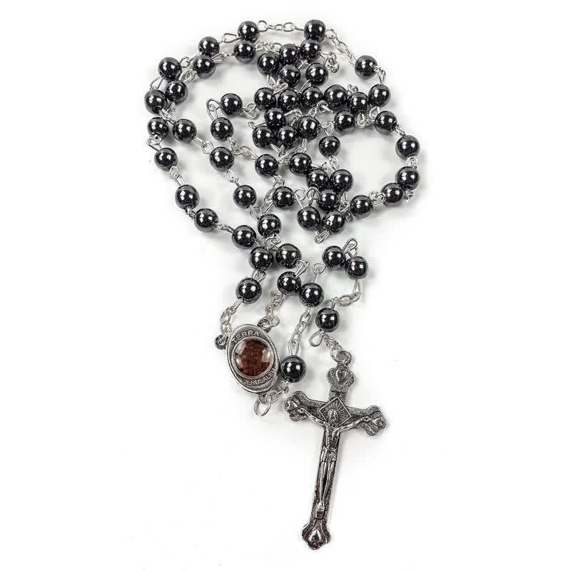 Collana rosario Olivenorma Croce in ice nero e agata rossa