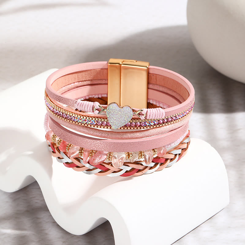 Bracciale in pelle con ciondolo a forma di cuore con perline di cristallo naturale Olivenorma