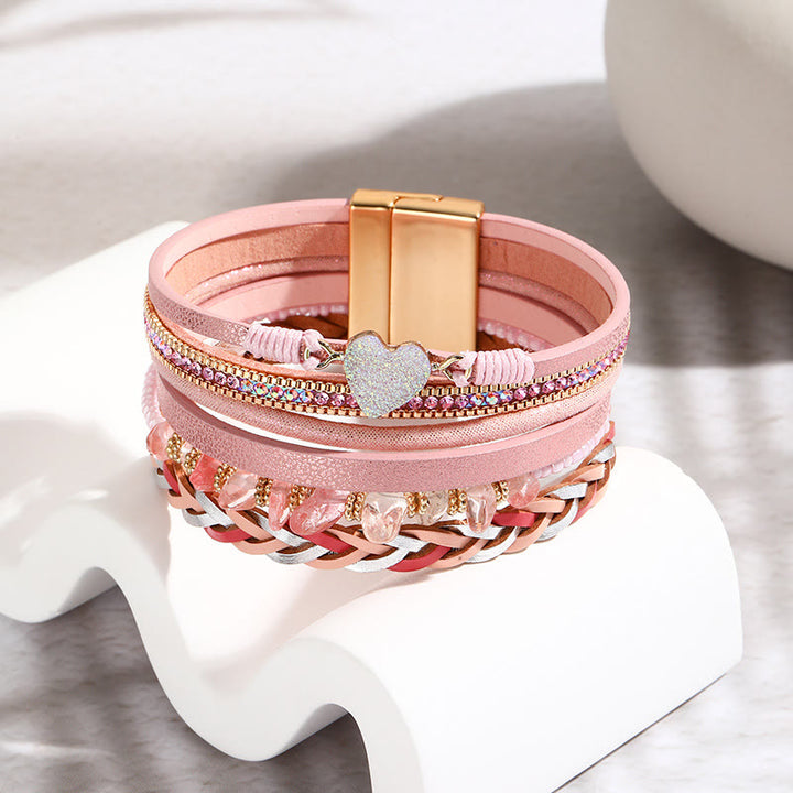 Bracciale in pelle con ciondolo a forma di cuore con perline di cristallo naturale Olivenorma