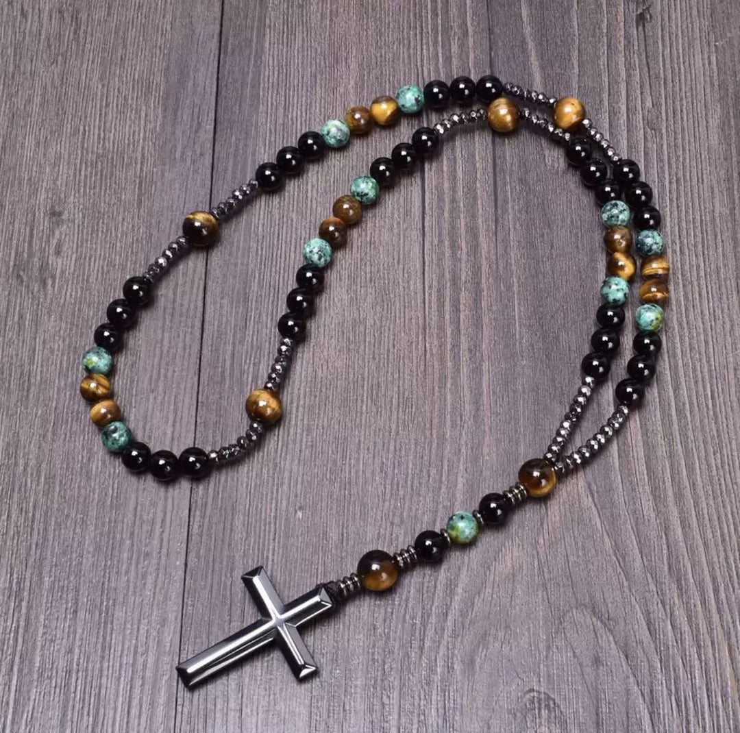 Collana con ciondolo rosario in pietra naturale cattolica Olivenorma Cross
