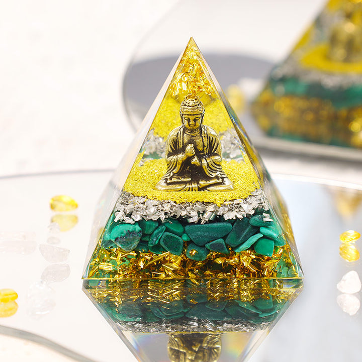 Malachite Olivenorma con piramide di orgone di protezione del Buddha