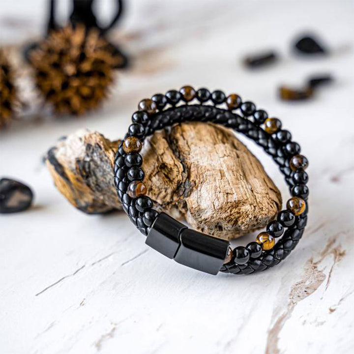 Bracciale in pelle intrecciata con occhio di tigre da uomo