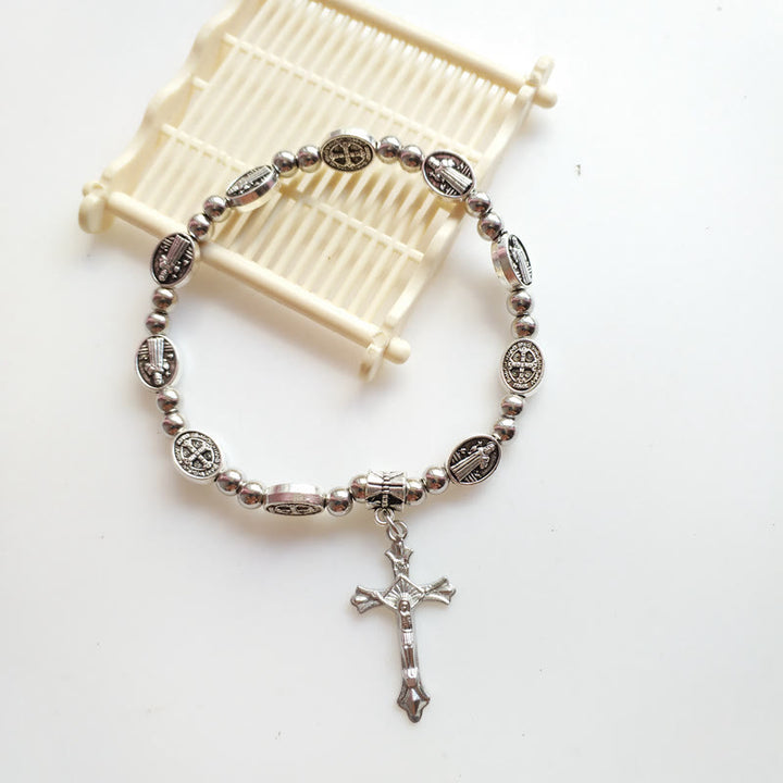 Olivenorma Braccialetto con Croce Cristiana in Lega Elasticizzata con Cristallo Acrilico