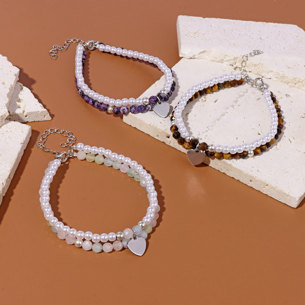 Olivenorma Bracciale Doppio Strato con Ciondolo a Cuore in Perla e Pietra Sfaccettata